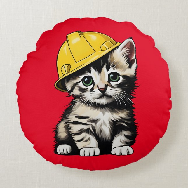 Construction Cat Round Pillow (Front)