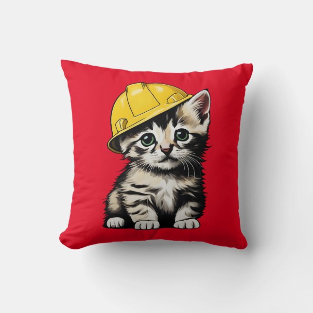 Construction Cat Throw Pillow (Front)