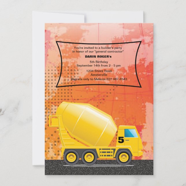 Construction Cement Truck Invitation (Front)