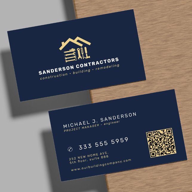 Construction company modern navy gold QR code Business Card (Creator Uploaded)