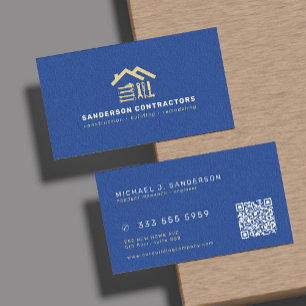 Construction company modern royal blue gold QR  Business Card