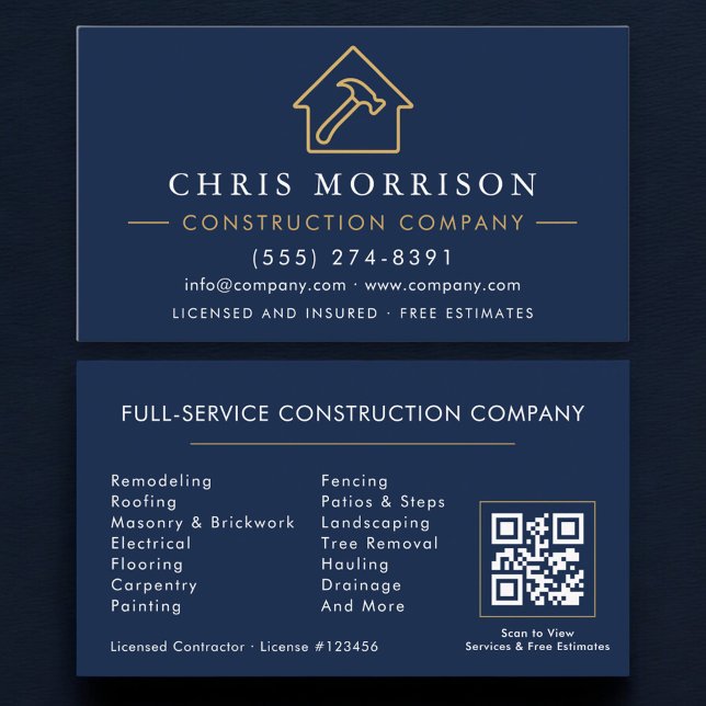 Construction Company QR Code Navy Blue Gold  Business Card (Creator Uploaded)