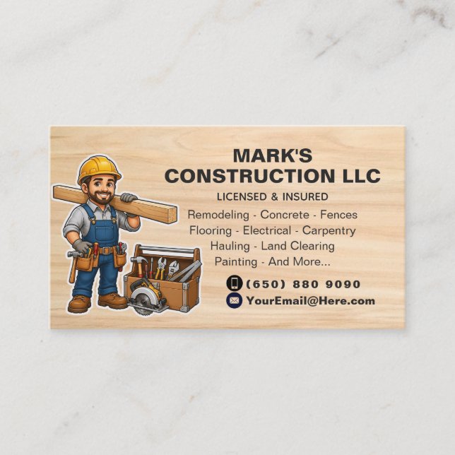 Construction Company Tool Man Contractor Business Card (Front)