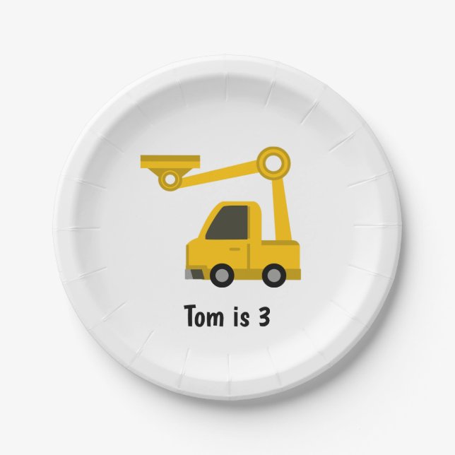 Construction Crane Truck Personalized Birthday  Paper Plate (Front)