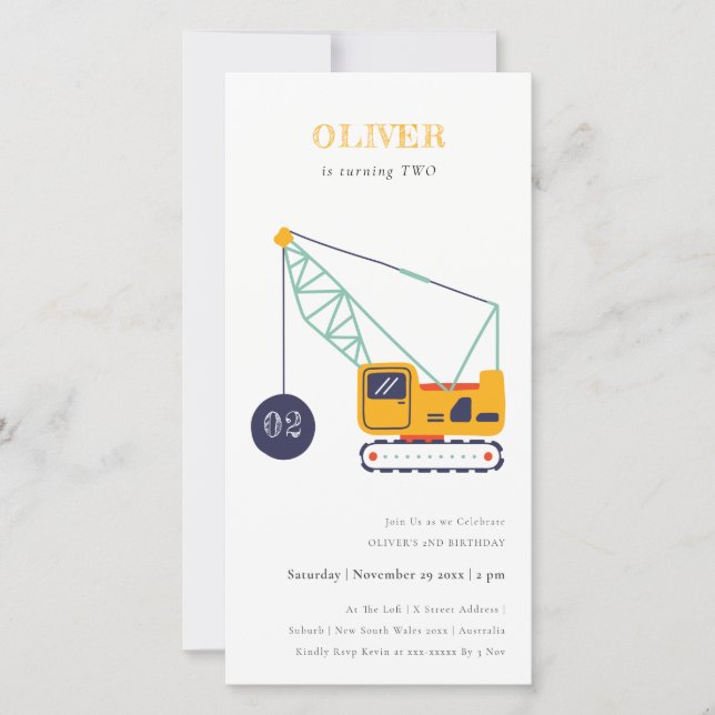 Construction Crane Vehicle Any Age Birthday Invite (Front)