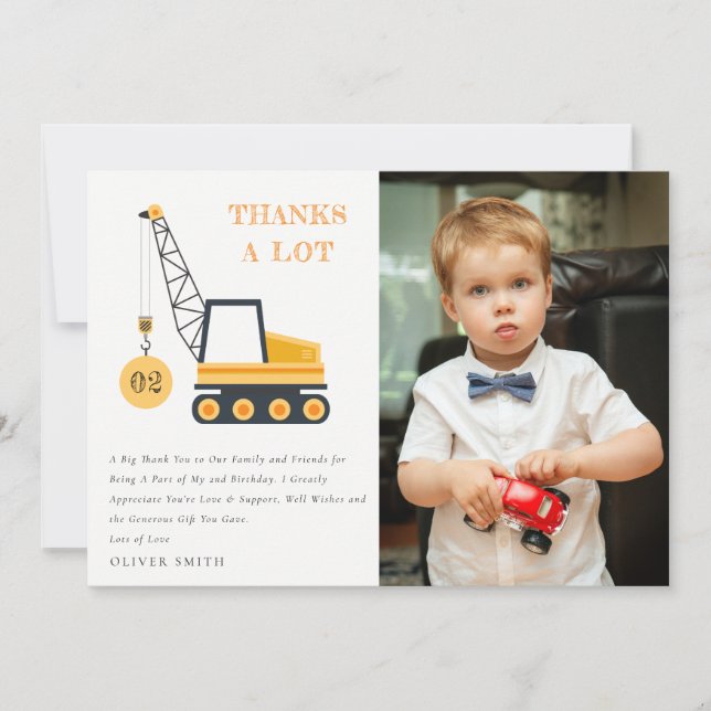 Construction Crane Vehicle Photo Any Age Birthday Thank You Card (Front)