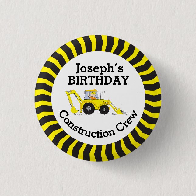 Construction crew boys birthday badge 1 inch round button (Front)