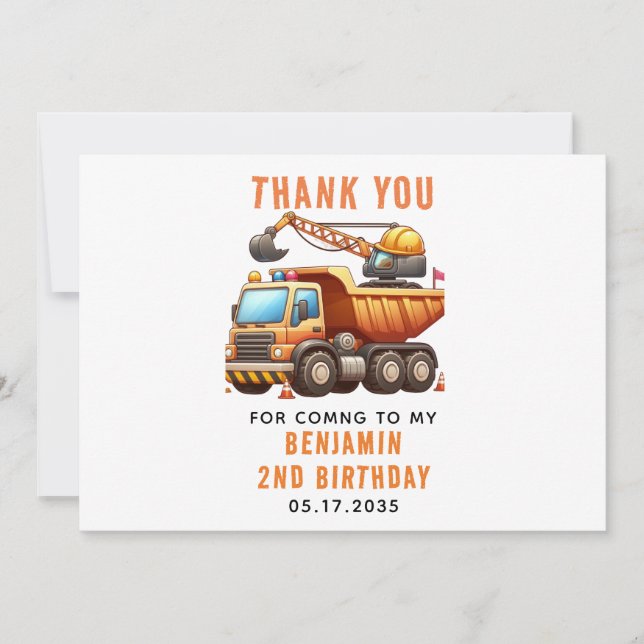 Construction Crew Dump Truck 2nd Birthday Thank You Card (Front)