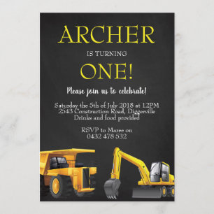 Construction Digger Boy Anniversaire Invitation In