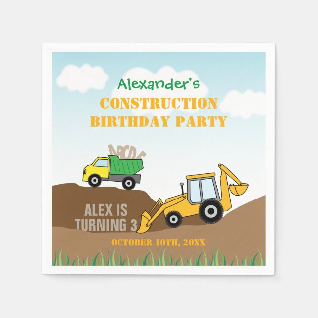 Construction Digger Boy's Birthday Party Napkin (Front)