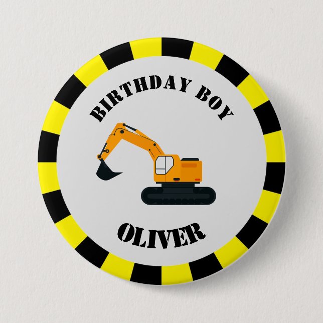 Construction Diggers Birthday Boy Badge 3 Inch Round Button (Front)