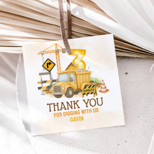 Construction Digging It 3rd Birthday Party Square Favour Tags
