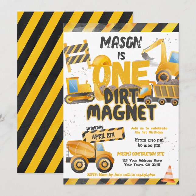 Construction, Dump Truck 1st Birthday Invitation (Front/Back)
