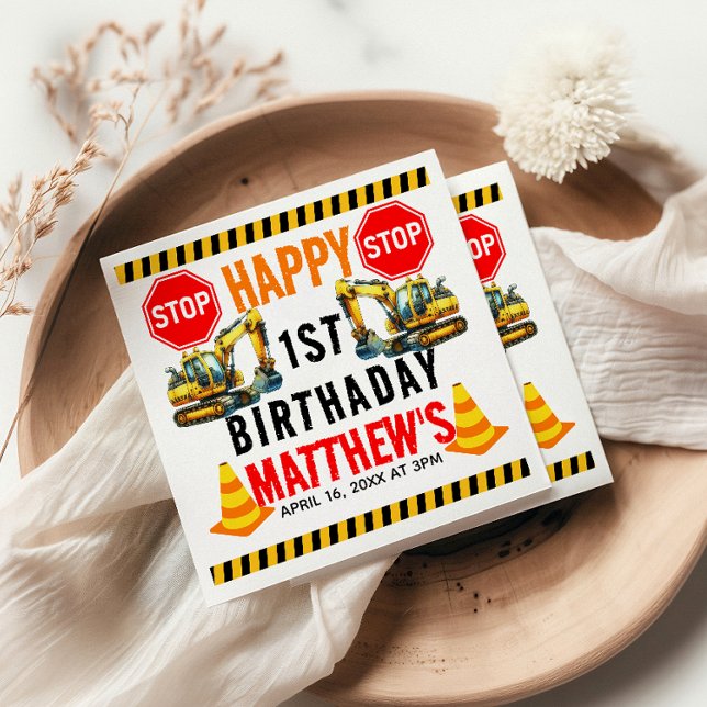 Construction Dump Truck 1st Birthday Party Napkin (Creator Uploaded)