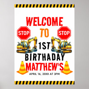 Construction Dump Truck 1st Birthday Party Poster