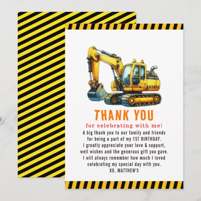 Construction Dump Truck 1st Birthday  Party Thank You Card (Front/Back)