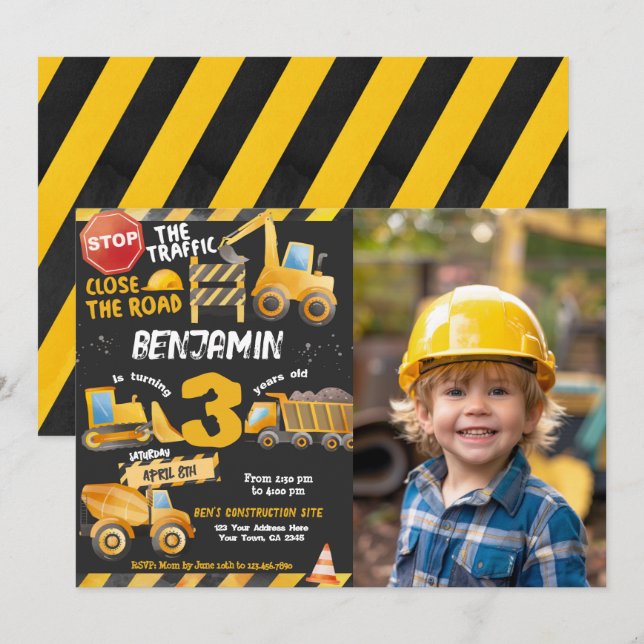 Construction, Dump Truck 3rd Birthday Invitation (Front/Back)