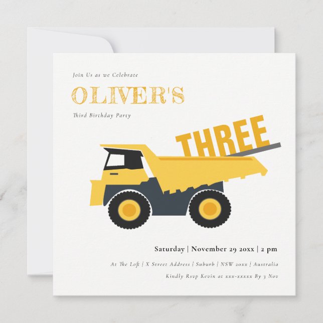 Construction Dump Truck Any Age Kids Birthday Invitation (Front)