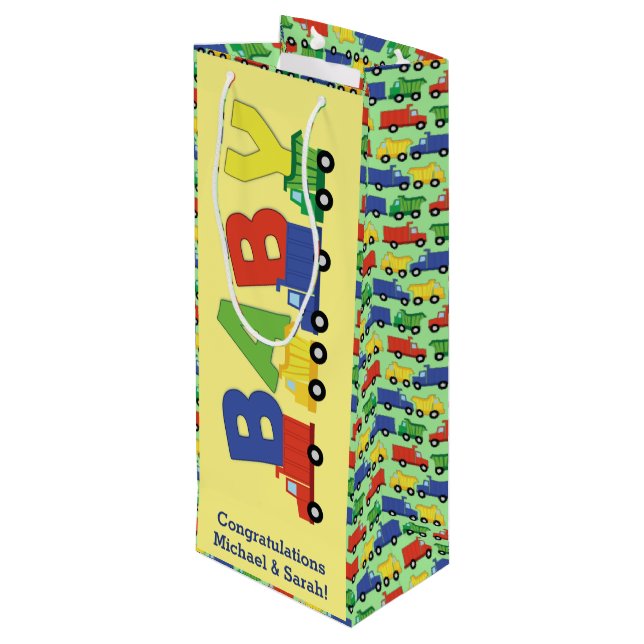 Construction Dump Truck Baby Shower Boy Wine Gift Bag (Back Angled)