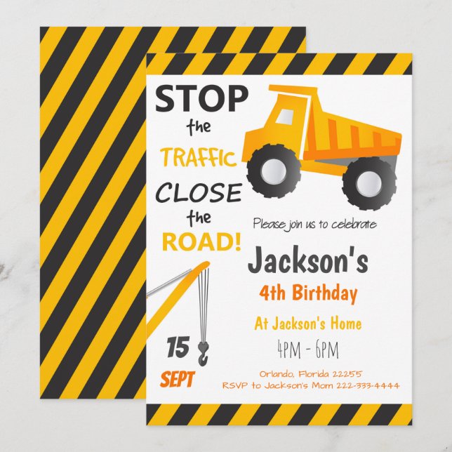 Construction Dump Truck Birthday Invite (Front/Back)