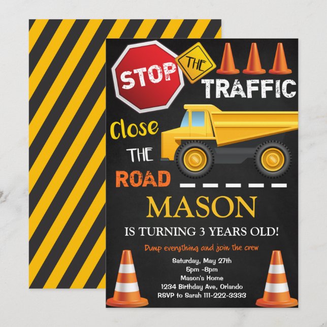 Construction Dump Truck Black Birthday Invite (Front/Back)
