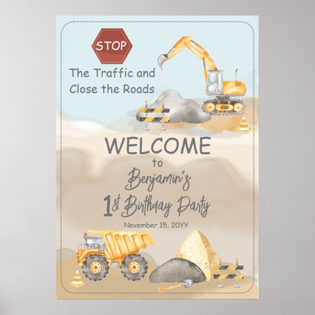Construction Dump Truck Boy's 1st Birthday Party Poster (Front)