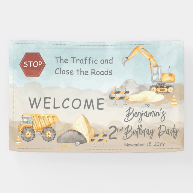 Construction Dump Truck Boy's 2nd Birthday Party  Banner (Horizontal)