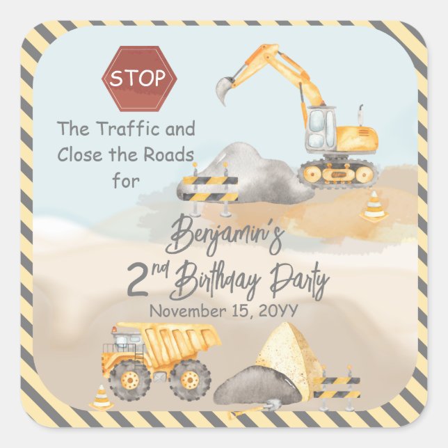 Construction Dump Truck Boy's 2nd Birthday Party Square Sticker (Front)