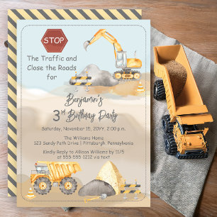 Construction Dump Truck Boy's 3rd Birthday Party Invitation