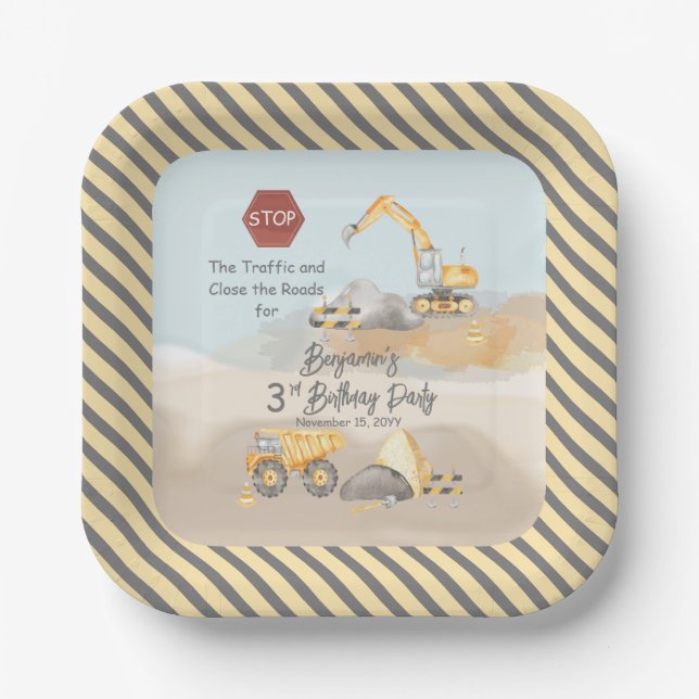 Construction Dump Truck Boy's 3rd Birthday Party Paper Plate (Front)