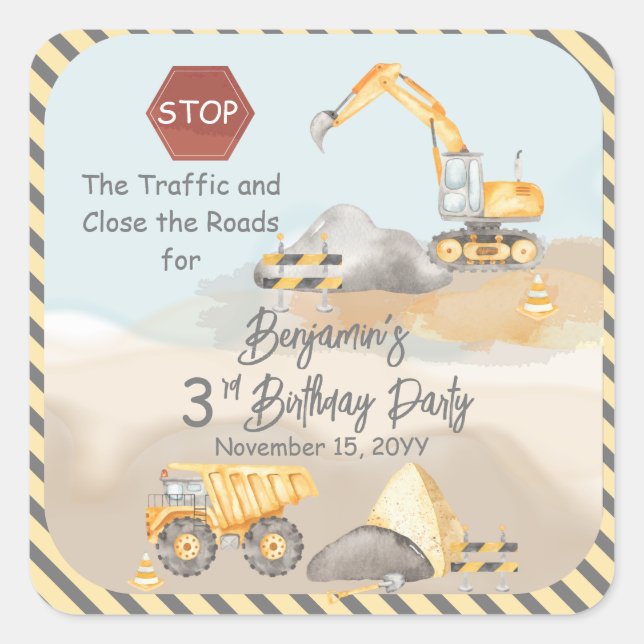 Construction Dump Truck Boy's 3rd Birthday Party Square Sticker (Front)