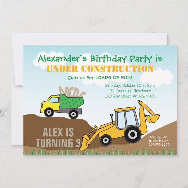 Construction Dump Truck Boy's Birthday Party Invitation (Front)