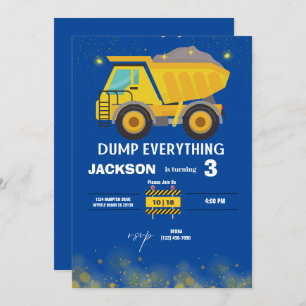 Construction Dump Truck Boys Navy Birthday Party Invitation