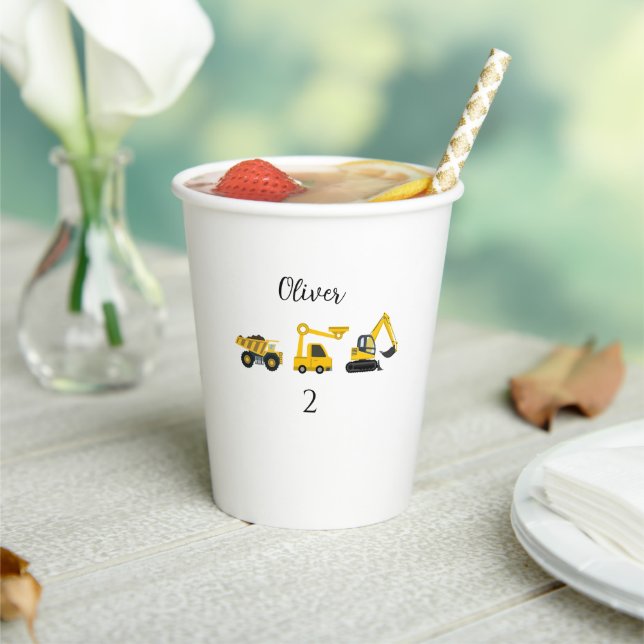 Construction Dump Truck, Crane & Excavator Paper Cups (Insitu)