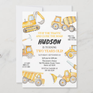 Construction Dump Truck Excavator Boy Birthday Invitation