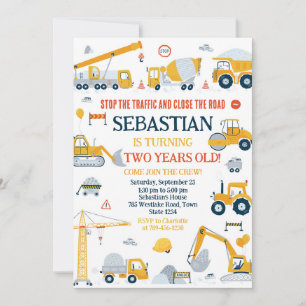 Construction Dump Truck Excavator Boy Birthday Invitation