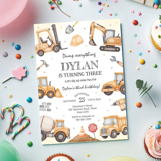 Construction Dump Truck Excavator Boy Birthday Invitation (Creator Uploaded)