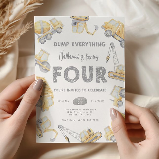 Construction Dump Truck FOUR 4th Birthday Party Invitation (Creator Uploaded)