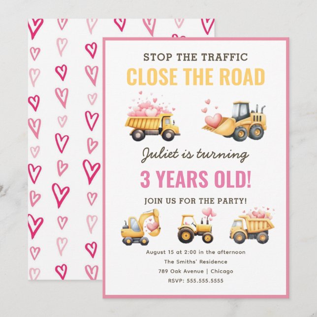 Construction Dump Truck Heart Birthday Invitation (Front/Back)