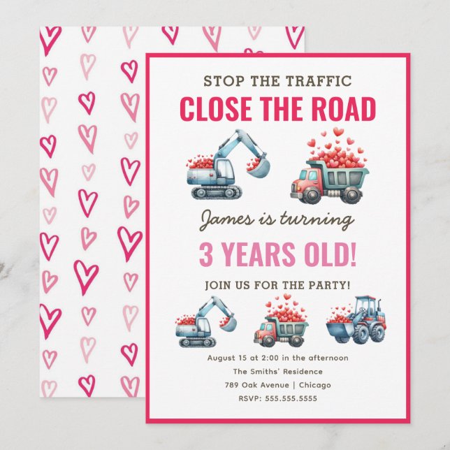 Construction Dump Truck Heart Birthday Invitation (Front/Back)