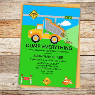 Construction Dump Truck Kids Birthday Party Invitation