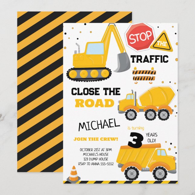 Construction Dump Truck Kids Birthday Party Invitation (Front/Back)