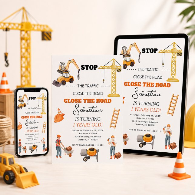 Construction Dump Truck Kids First Birthday Party Invitation (Creator Uploaded)