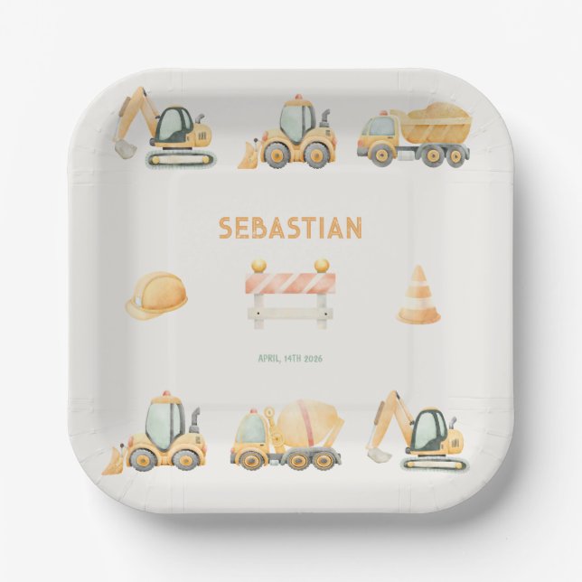 Construction Dump Truck Party Boy First Birthday Paper Plate (Front)