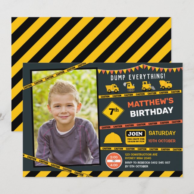 Construction Dump Truck Photo Boy Birthday Party Invitation (Front/Back)