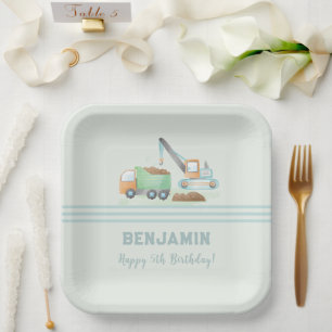 Construction Dump Truck Soft Blue Green Boy Name Paper Plate