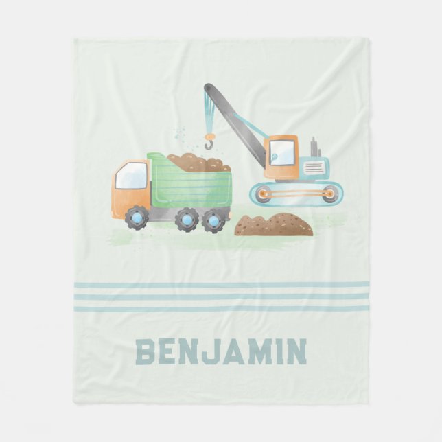 Construction Dump Truck Soft Green Blue Boy Name Fleece Blanket (Front)