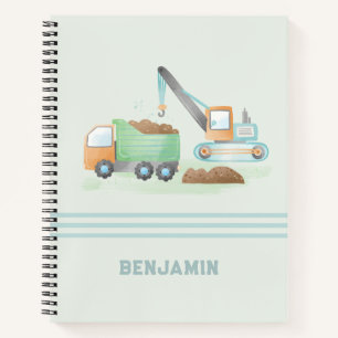 Construction Dump Truck Soft Green Blue Boy Name Notebook