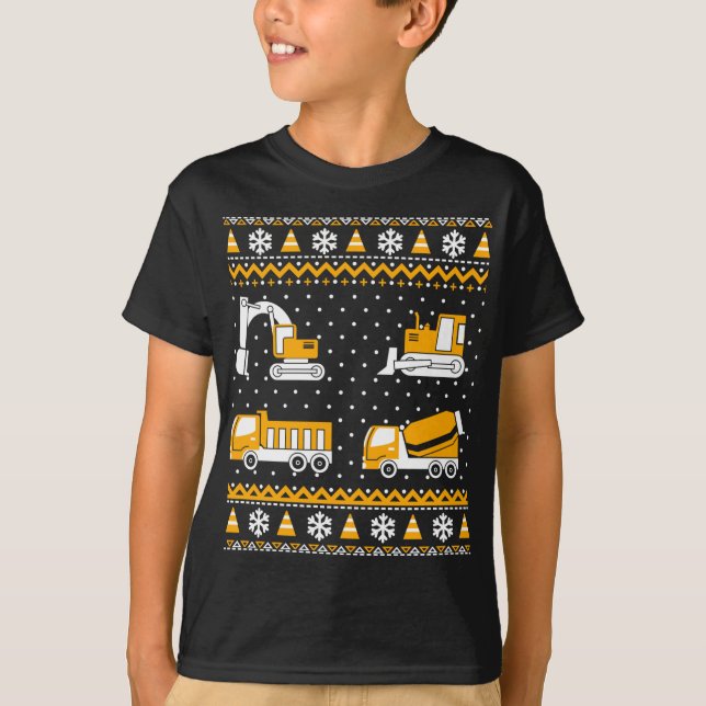 Construction Dump Trucks Bulldozer Ugly Christmas  T-Shirt (Front)
