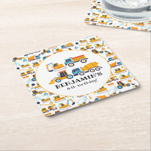 Construction Dump Trucks Vehicles Birthday Party Square Paper Coaster
